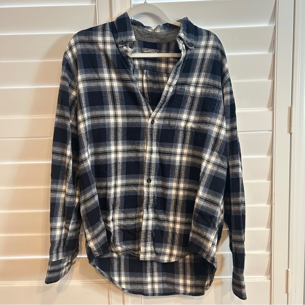 Eddie Bauer Classic Flannel Shirt Navy Blue Grey Size Large